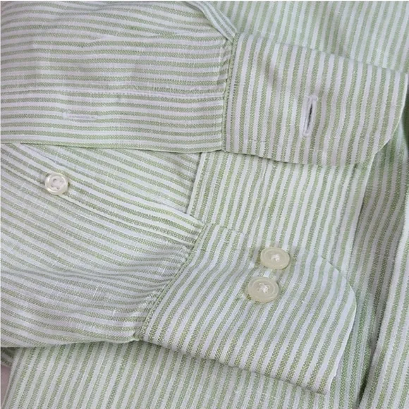 J. Crew Linen Long Sleeve Green Stripe Button down Shirt sz L - Picture 4 of 11